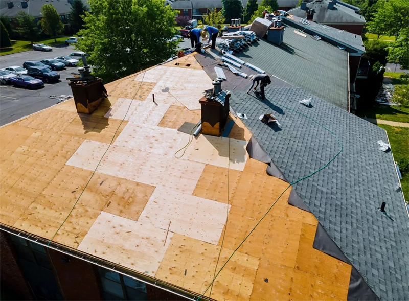 Aerial view of the GRIT Roofing team replacing a residential roof in DeLand, Florida, showing exposed plywood decking and new shingle installation.