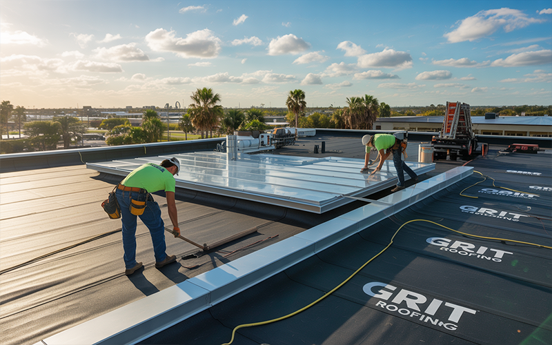 Two GRIT Roofing contractors installing a flat commercial roof membrane on a large business building in Central Florida.