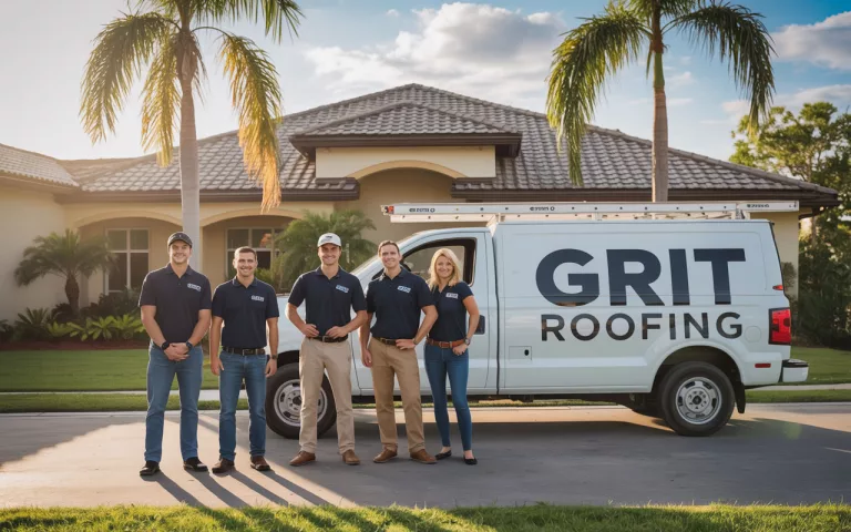 Five GRIT Roofing professionals standing in front of a branded company truck outside a home in DeLand, FL.