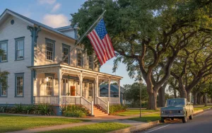 A historic two-story residential home with a covered front porch and an American flag under large oak trees, representing the neighborhoods GRIT Roofing serves in DeBary, Florida.