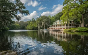 A scenic view of a historic building on the calm, tree-lined waters of DeLeon Springs, Florida, representing the local communities where GRIT Roofing provides expert roofing services.