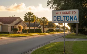 A "Welcome to Deltona" sign prominently displayed on a quiet residential street lined with palm trees, representing the local Florida neighborhoods where GRIT Roofing provides expert roofing services.