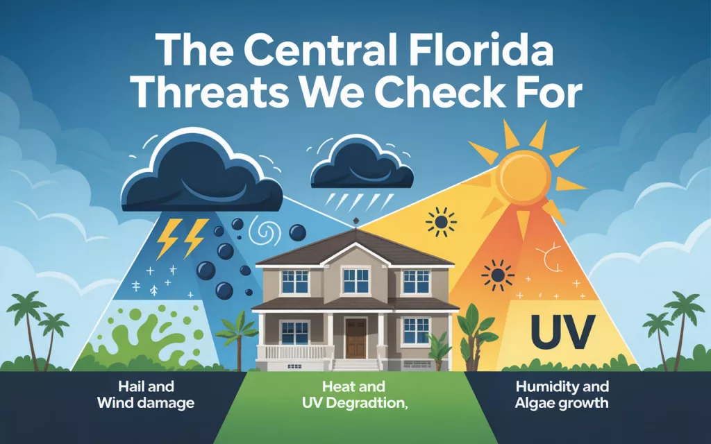 An infographic showing a house surrounded by common Central Florida weather threats that GRIT Roofing checks for during a free roof inspection, including hail, wind, UV degradation, humidity, and algae growth.
