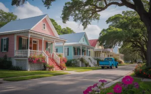 A quiet residential street in Geneva, Florida, lined with charming, colorful cottage-style homes featuring metal roofs, representing the local communities where GRIT Roofing provides expert services.