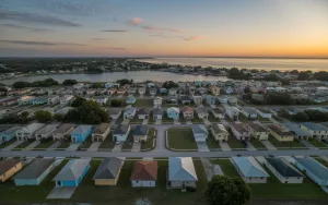 An aerial view of a sprawling residential neighborhood in Holly Hill, Florida, showcasing rows of homes where GRIT Roofing provides expert local roofing services.