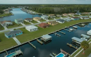 An aerial view of a waterfront residential neighborhood in Lake Helen, Florida, featuring canal-front homes and boathouses where GRIT Roofing provides expert local roofing services.