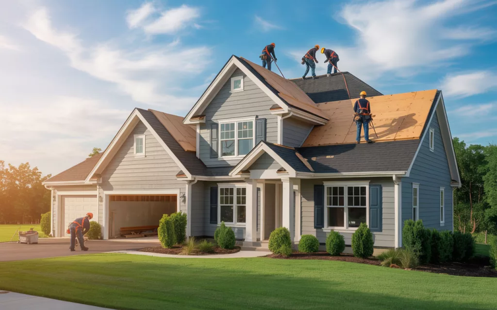 A crew of professional GRIT Roofing contractors wearing safety harnesses while installing a new residential shingle roof on a large two-story house.