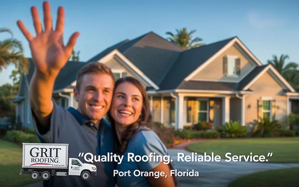 A happy couple waving in front of their residential home after a successful new roof installation by GRIT Roofing in Port Orange, Florida.