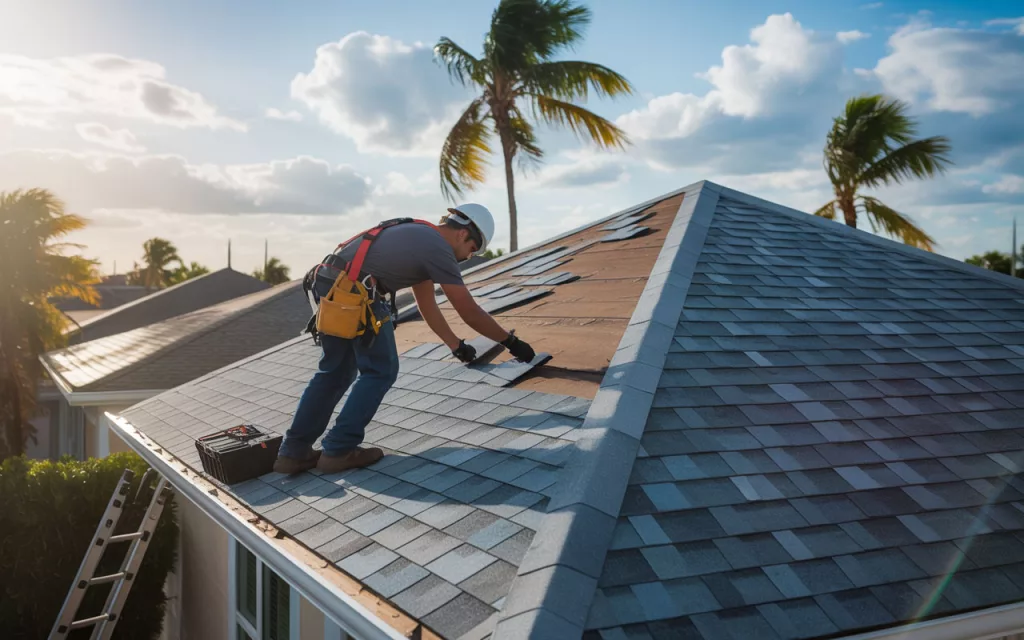 A GRIT Roofing professional wearing a safety harness and hard hat repairing a damaged section of asphalt shingles on a residential roof.