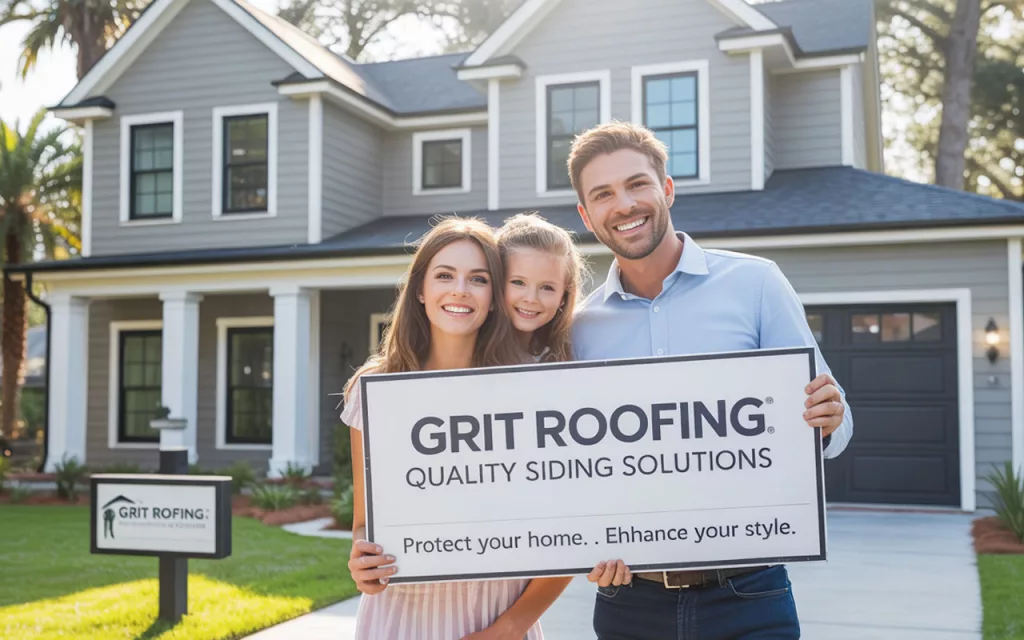 A happy family standing in front of a two-story home with beautiful new grey exterior siding, holding a GRIT Roofing sign for quality siding solutions.