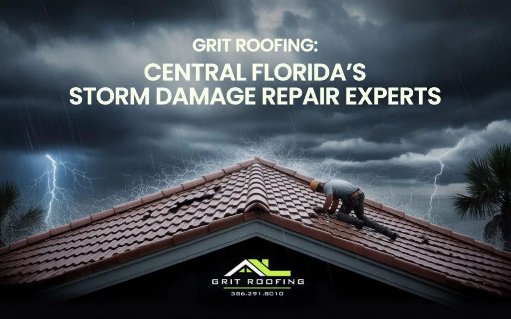 A promotional graphic featuring a roofer inspecting a damaged terracotta tile roof during a severe lightning storm, with text identifying GRIT Roofing as Central Florida's storm damage repair experts.