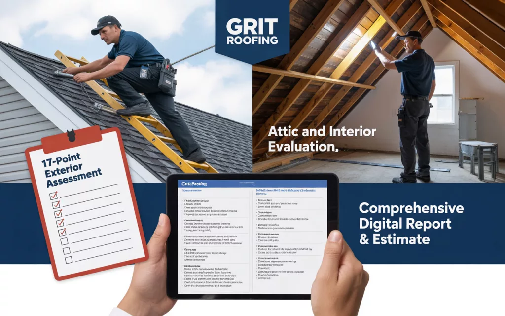 A collage showing the GRIT Roofing free inspection process, including a contractor performing a 17-point exterior assessment on a roof, an interior attic evaluation with a flashlight, and a final comprehensive digital report and estimate displayed on a tablet.