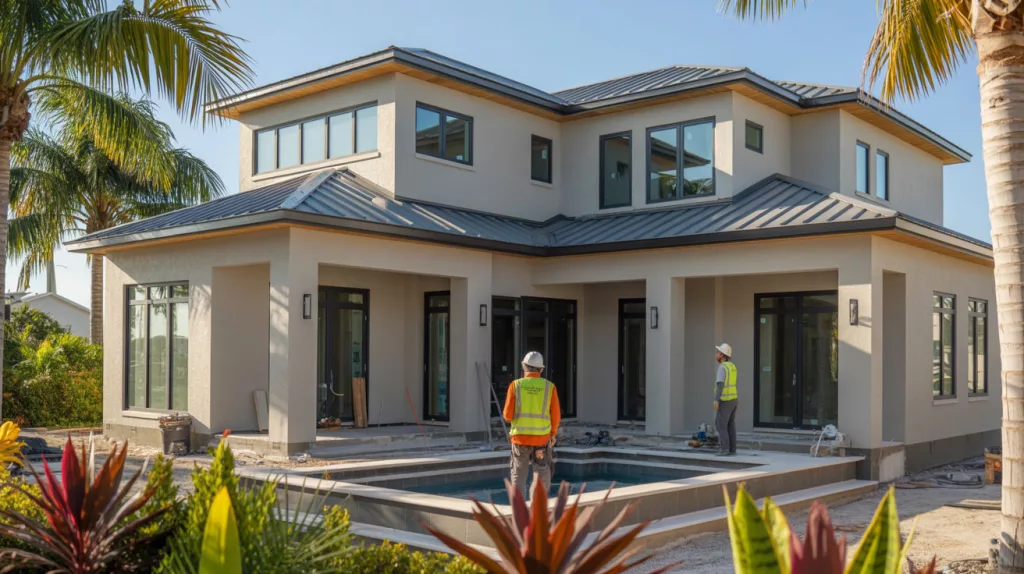 Two construction contractors in high-visibility safety gear surveying a newly built, modern two-story custom home featuring a metal roof and an unfinished backyard swimming pool.