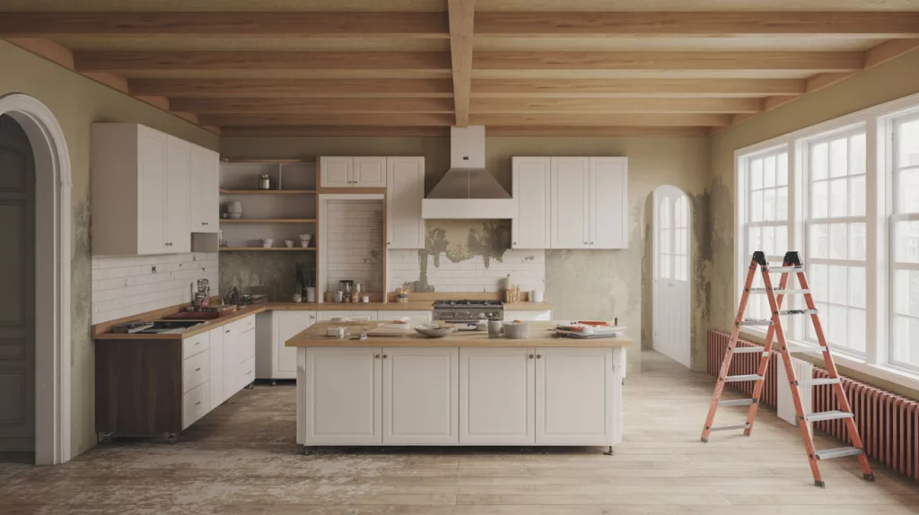A spacious residential kitchen undergoing an active home renovation, featuring newly installed white cabinets, a large wooden island, exposed ceiling beams, and unfinished walls.