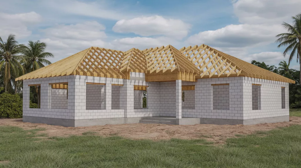 A single-story residential home in the shell construction phase, featuring solid concrete block walls and an exposed wooden roof truss system.