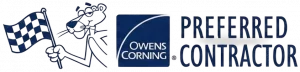 Owens Corning Preferred Contractor badge featuring the Pink Panther and GRIT Roofing logo.