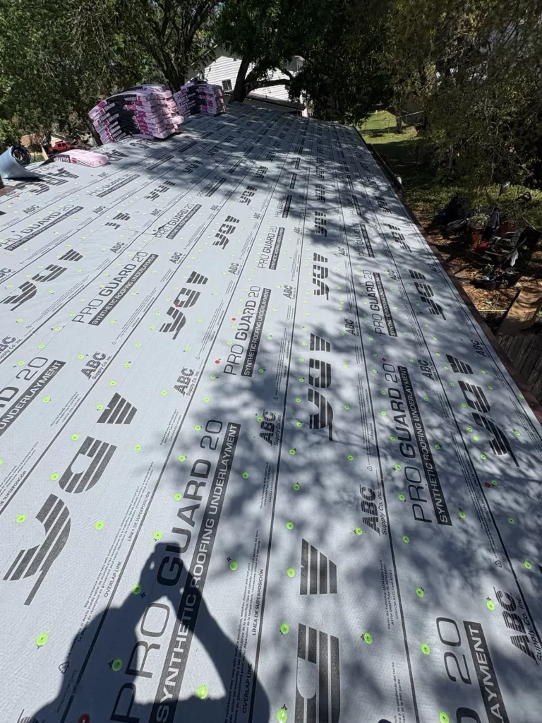 PRO GUARD 20 synthetic roofing underlayment fully installed on a residential roof deck in Port Orange, FL.