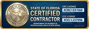 State of Florida DBPR Certified Contractor badge for GRIT Roofing displaying active license numbers CRC1333560 and CCC1337096.